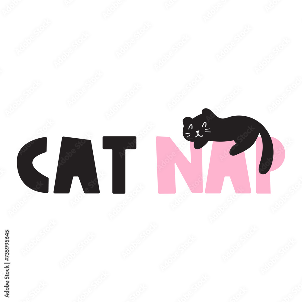 Phrase - Cat nap. Sleeping kitten. Flat design. Vector illustration