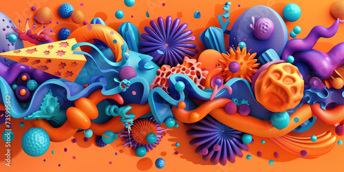 A vibrant 3D composition explodes with a variety of whimsical shapes and textures in a playful, colorful arrangement. © Александр Марченко