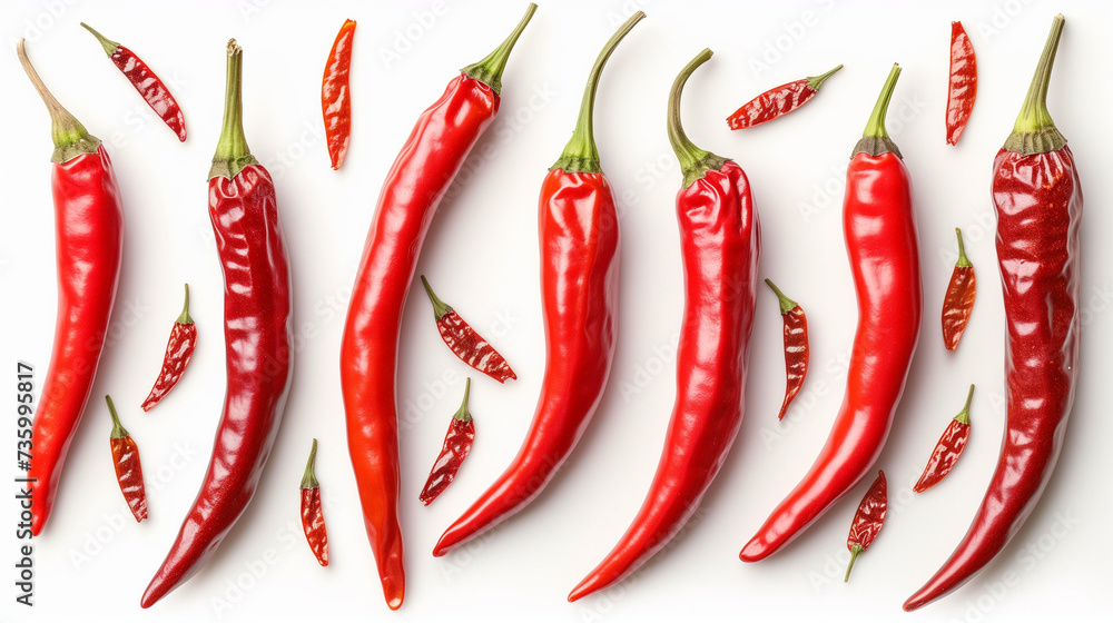 Red hot chili pepper. Fresh organic chili pepper with leaves isolated on white background. Chili pepper with clipping path. Fresh red chili pepper and cross sections of chili pepper with seeds float - obrazy, fototapety, plakaty 
