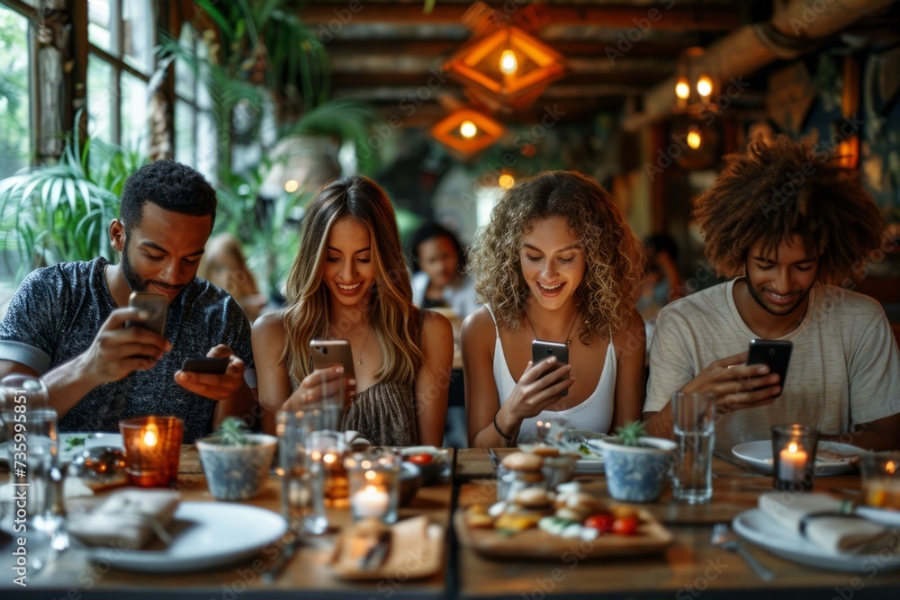 Group of friends using their smartphones in a restaurant while having lunch