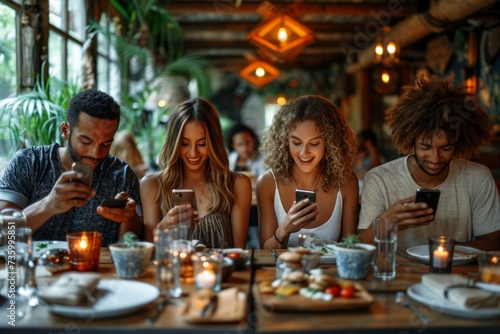 Group of friends using their smartphones in a restaurant while having lunch