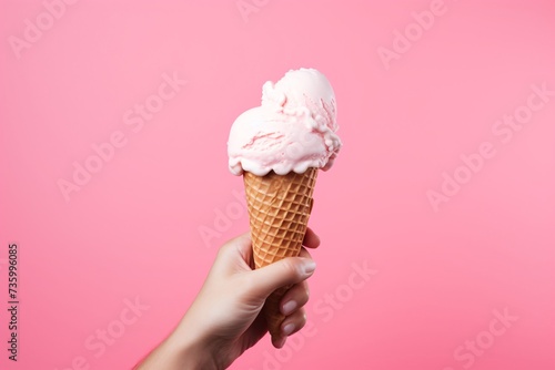 a hand holding a pink ice cream cone