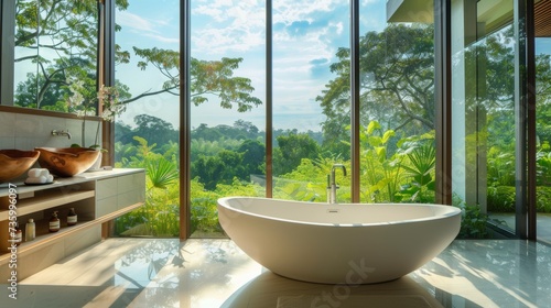 Contemporary International Style Bathroom with Panoramic Window and Freestanding Bathtub AI Generated. © ArquitecAi