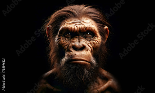Primitive caveman ape face closeup in black background