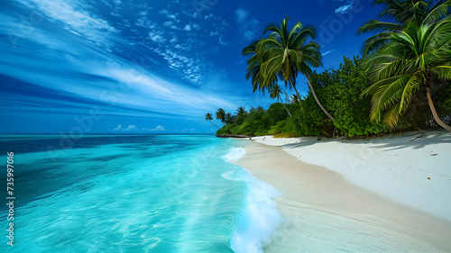 tropical beach view at sunny day with white sand, turquoise water and palm tree, neural network generated image