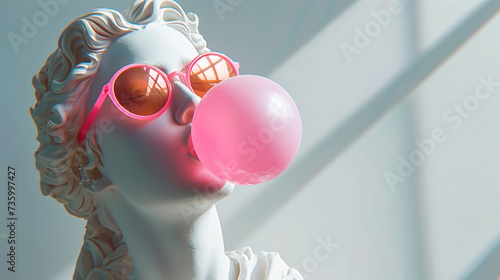 Antique-like female white statue head wears sunglasses and blows pink bubble gum. Contemporary art. Generative AI