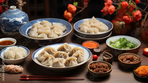 Chinese Lunar New Year Banquet Dumplings, Peking duck, and long noodles - AI