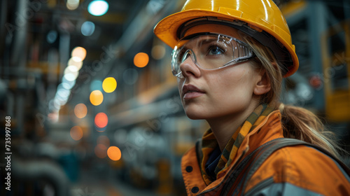 femme en tenue de chantier avec lunette de protection et casque photo