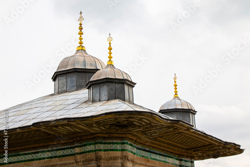 Symbol of Islam on dome of mosque. Silhouettes of Islamic baths and minarets. photo