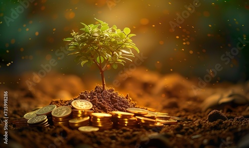A young, vibrant tree emerges from meticulously stacked piles of gold coins, symbolizing growth and prosperity