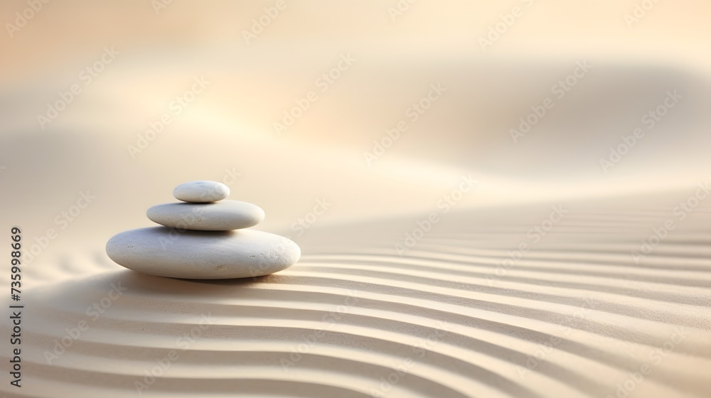 Zen stones with lines on the sand. Spa therapie and meditation concept Zen stones with lines on the sand. Spa therapie and meditation concept
