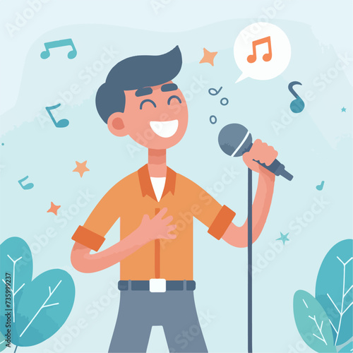 Flat illustration of young person with microphones singing a song. simple and minimalist