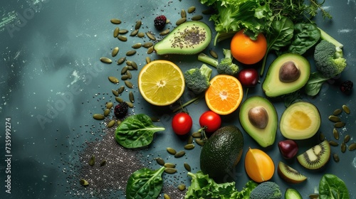 A variety of fresh fruits and vegetables are neatly arranged on the table, including colorful produce such as oranges, avocados, kiwis and broccoli