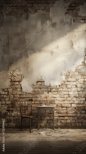Old interior room with a broken white brick wall and grunge wood floor texture