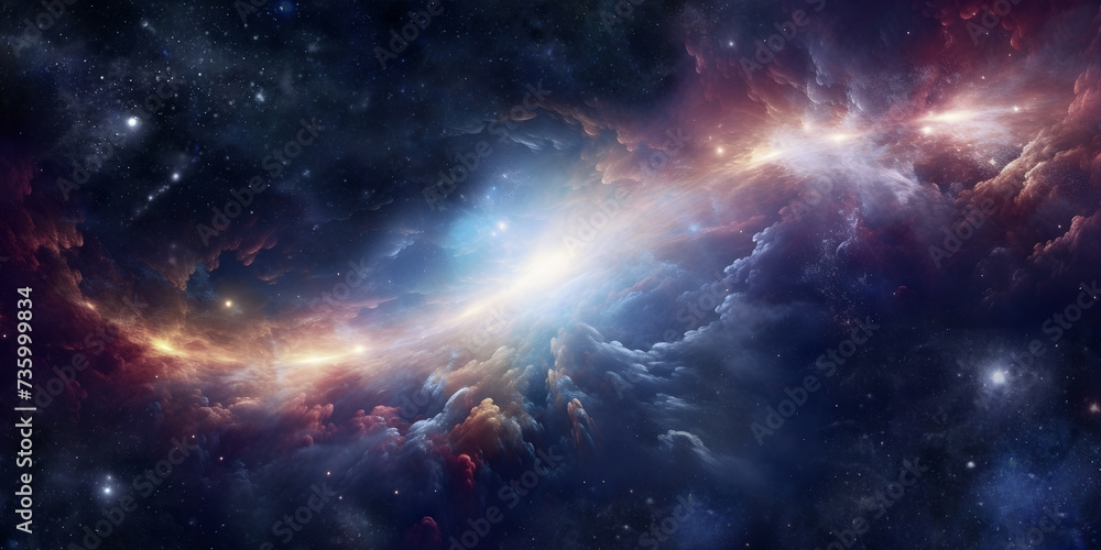 Giant expanse of deep space and massive cosmic event - blue orange pink turquoise cosmic clouds, stars, gaseous, flowing,   ideal for a science outer space theme background with copy space for message