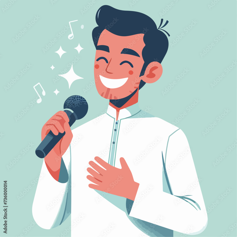 Flat illustration of young people with microphones singing a song. Simple and minimalist. Hobby, lifestyle concept for banner