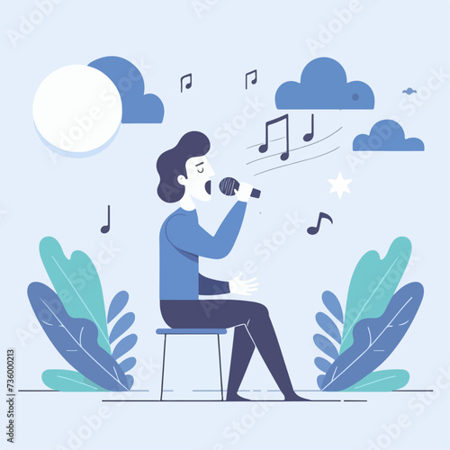 Flat illustration of young people with microphones singing a song. Simple and minimalist. Hobby, lifestyle concept for banner © ZulHaq