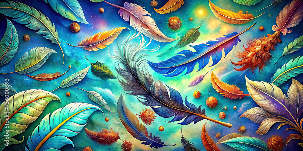 Bright colorful illustration of flying feathers