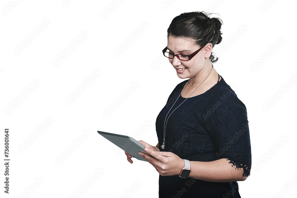 Happy, tablet and woman reading blog on social media, app or the internet for research information. Smile, digital technology and female person networking on website by transparent png background. Happy, tablet and woman reading blog on social media, app or the internet for research information. Smile, digital technology and female person networking on website by transparent png background.