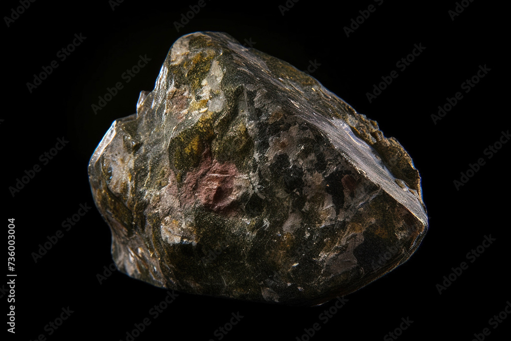 Fassaite is a rare precious natural stone on a black background. AI generated. Header banner mockup with space. Fassaite is a rare precious natural stone on a black background. AI generated. Header banner mockup with space.