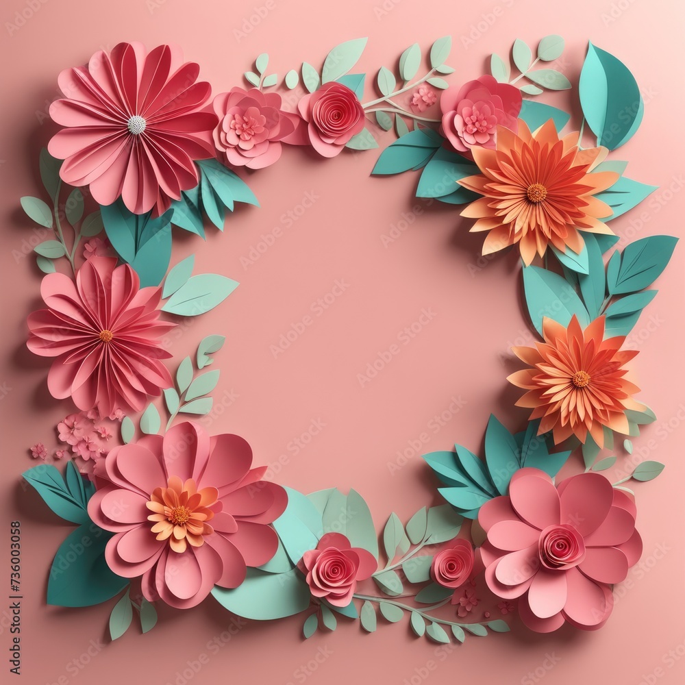 A vibrant wreath composed of paper cutout flowers and leaves A vibrant wreath composed of paper cutout flowers and leaves
