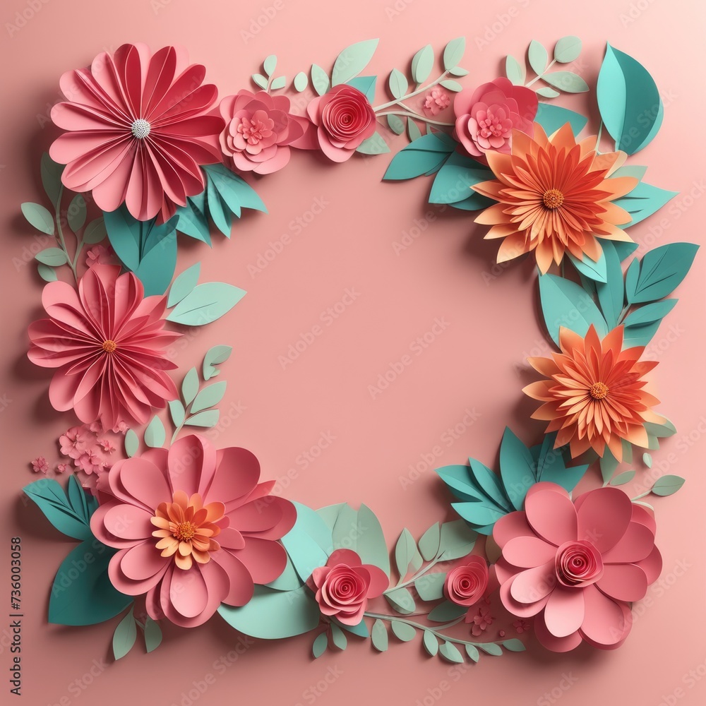 A vibrant wreath composed of paper cutout flowers and leaves