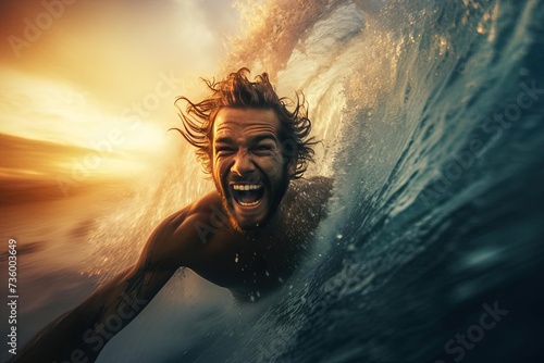 Photorealistic Man Ecstatically Body Surfing in Ocean at Sunset