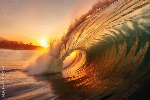 Photorealistic Wave Painting at Sunset - Golden Curve