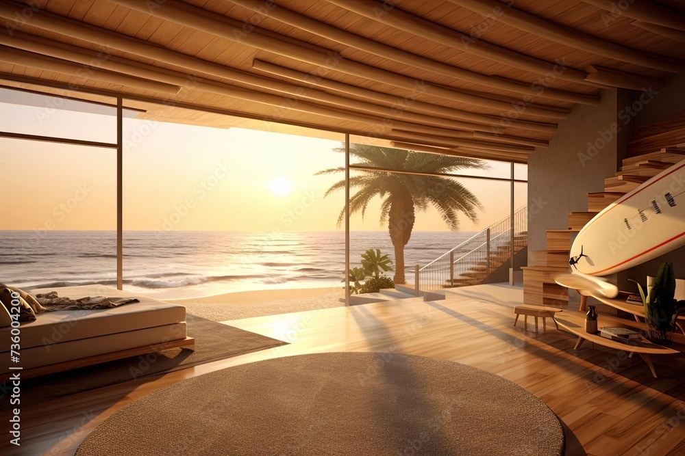 Contemporary Beach House with Surfboard: Sunset, Golden Rays, and Beach Views