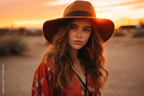 Bohemian Woman at Sunset in Wide-Brim Hat