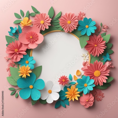 A vibrant wreath composed of paper cutout flowers and leaves