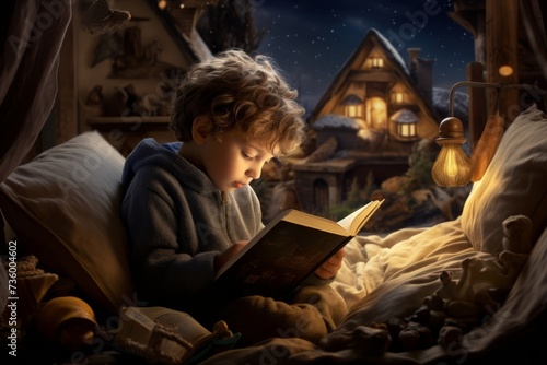 Close up little boy lies on the bed reading a book in the sunlight from the window. Concept of children's pastime, learning, hobby 