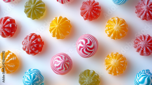 Assorted gummy candies. Top view. Jelly  sweets. Colorful lollipops and different colored round candy. Top view. Colorful candy and fruit jelly jujube on a white background. colorful swirl lollipop.  photo