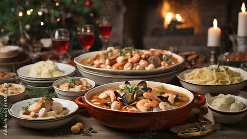 Indulgent Italian Christmas Eve Feast with Succulent Seafood Delights - AI