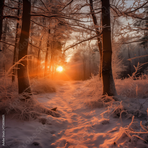 Winter forest with sun rays