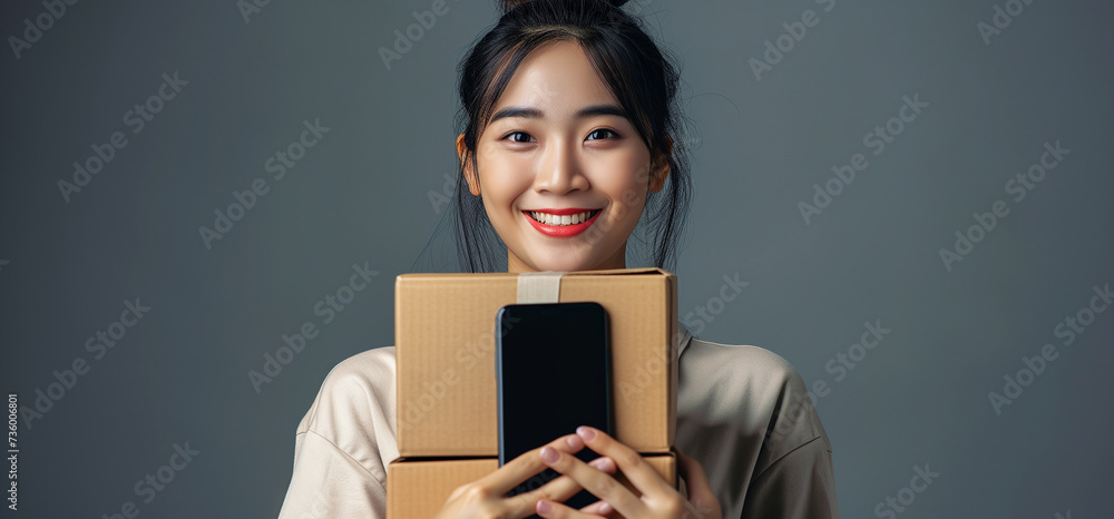 A smiling beautiful Asian woman holds cardboard boxes and a smartphone in her hands. Delivery, online shooping concept. Bokeh effect. A smiling beautiful Asian woman holds cardboard boxes and a smartphone in her hands. Delivery, online shooping concept. Bokeh effect.