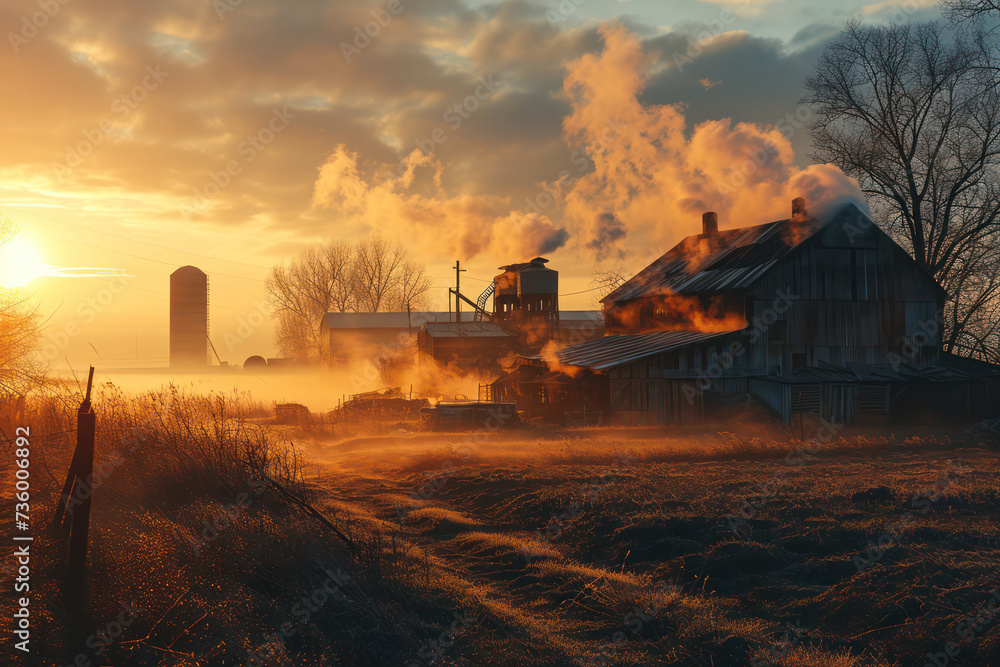 Fototapeta premium Golden Sunrise Over a Misty Countryside: Serene Beauty of Nature