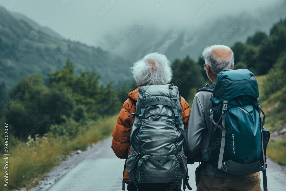 Close up back view of a calm elderly old mature man and woman in a travel backpack standing on road looking at mountains. Travelling concept.