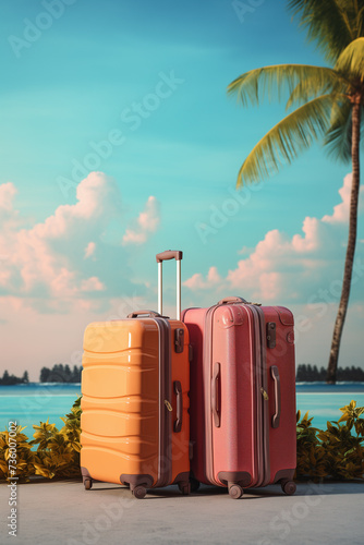 travel suitcases on beautiful tropical sea background
