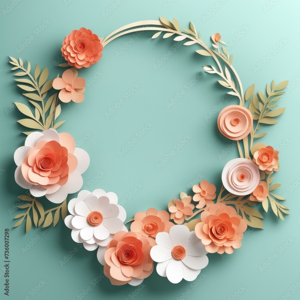 A wreath of colorful paper cutout flowers with lush green leaves, arranged in a circular pattern A wreath of colorful paper cutout flowers with lush green leaves, arranged in a circular pattern