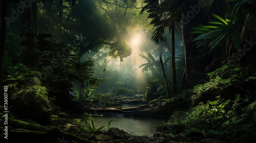Forest jungle landscape with sun rays