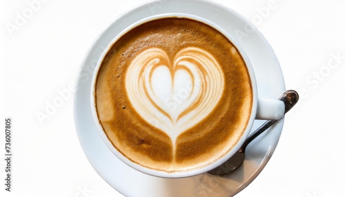 top view of hot coffee cappuccino latte art heart shape foam isolated on white background clipping path included