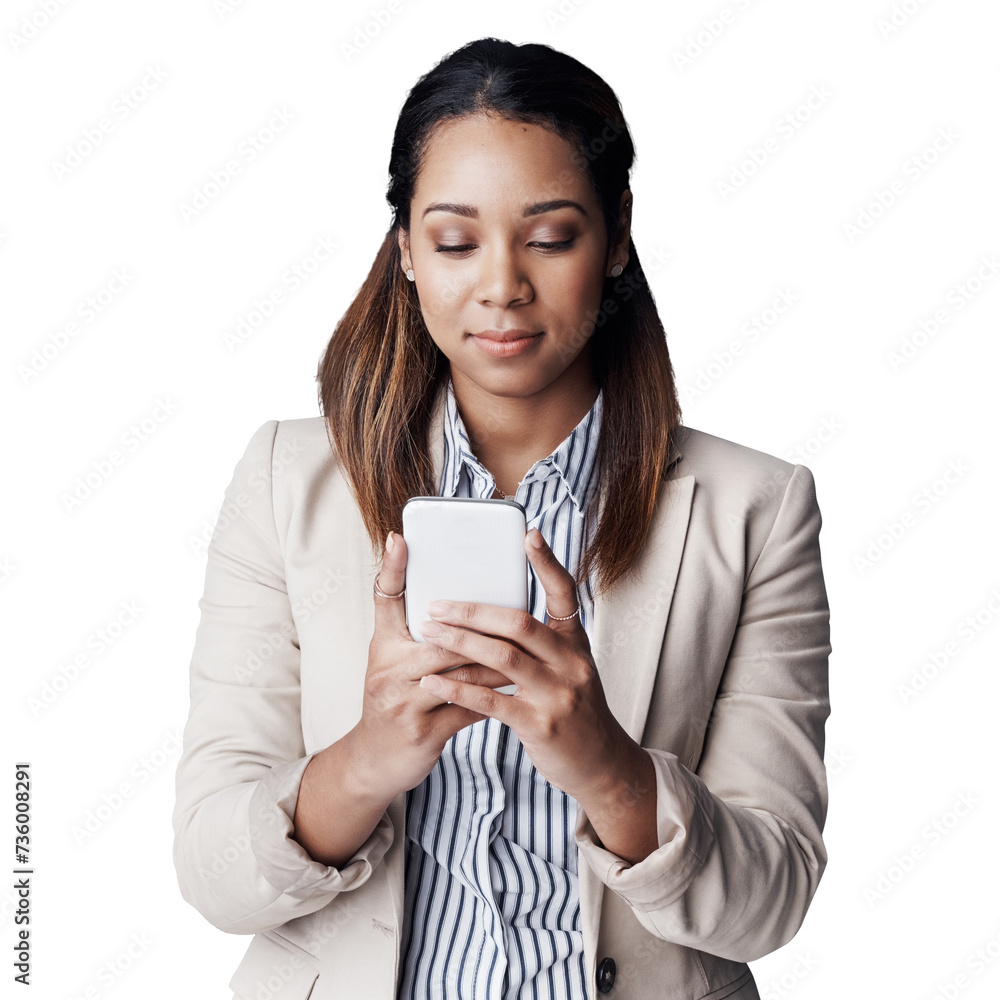 Business, woman and smartphone with typing, employee and entrepreneur isolated on a transparent background. Person, worker and PR consultant with cellphone or social media with connection, png or app Business, woman and smartphone with typing, employee and entrepreneur isolated on a transparent background. Person, worker and PR consultant with cellphone or social media with connection, png or app
