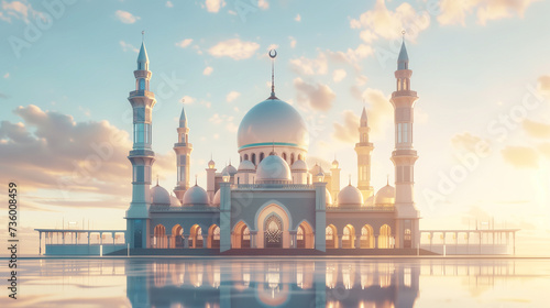 Ramadan kareem or eid mubarak,eid ul fitr or eid ul adha,  Islamic Background Banner of big white Mosque at sunset photo