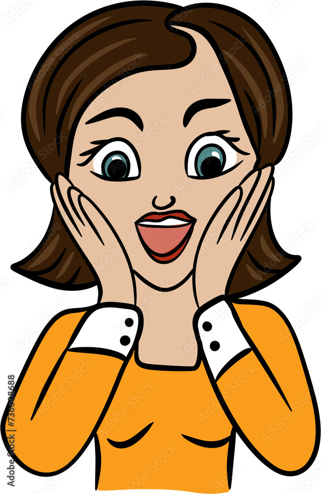 Hand drawn illustration of cartton woman, surprised shocked amazed. Black hair yellow shirt, expression expressive face with hands to cheeks, adult afraied scared nervous, wow lifestyle. Hand drawn illustration of cartton woman, surprised shocked amazed. Black hair yellow shirt, expression expressive face with hands to cheeks, adult afraied scared nervous, wow lifestyle.