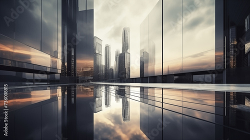 Modern glass buildings with city skyline reflections