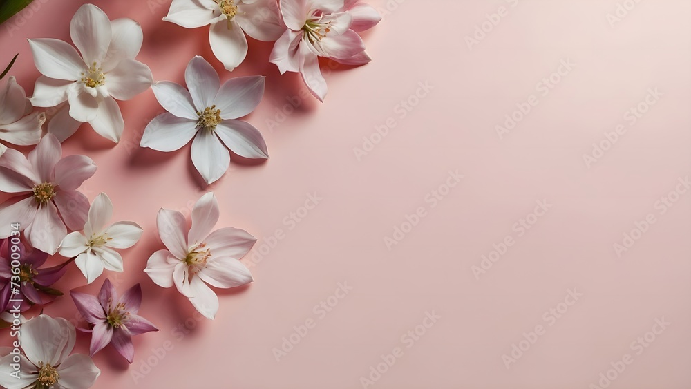 Banner with flowers on light pink background. Greeting card template for Wedding, mothers or womans day. Springtime composition with copy space. Flat lay style, Mother's Day