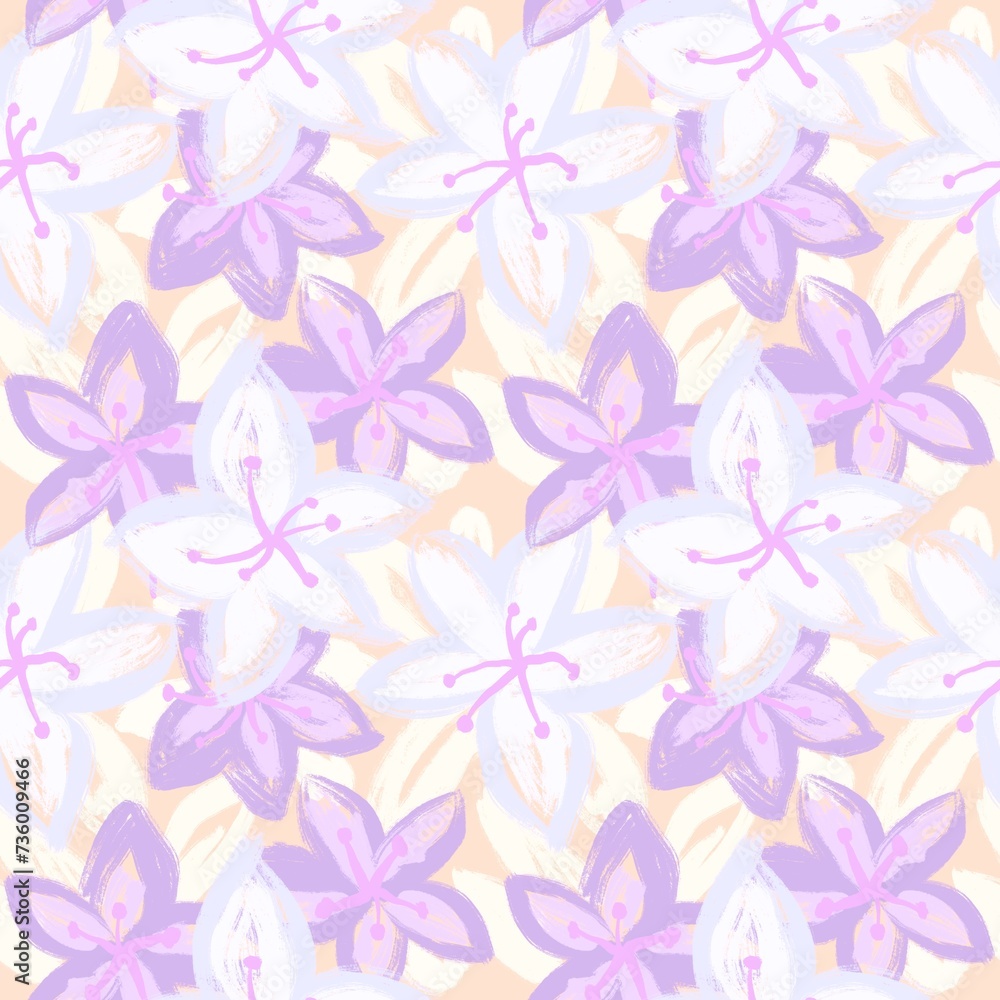 Hand drawn seamless pattern with blue light pastel purple flower floral elements, ditsy summer spring botanical nature print, bloom blossom stylized petals. Retro vintage fabric design, cute nature.
