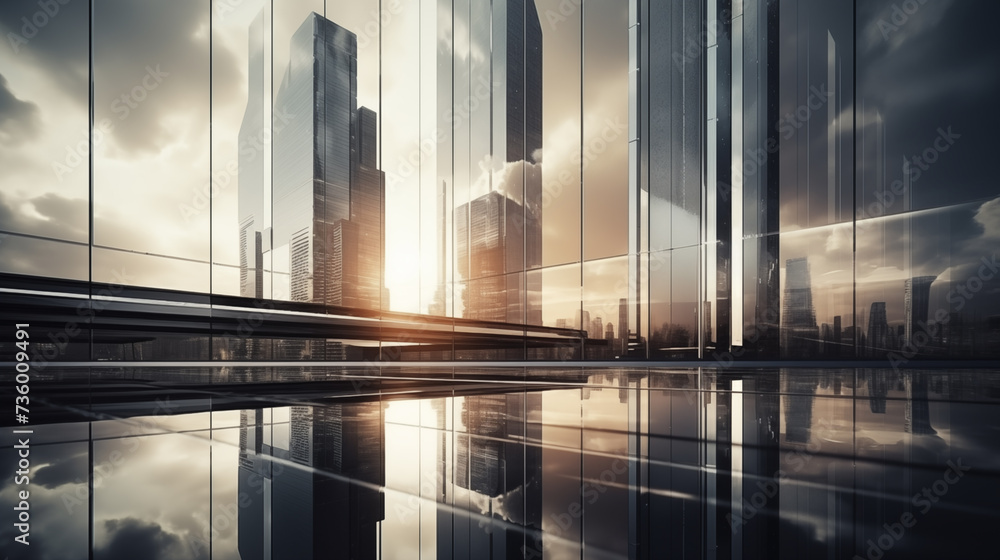 Modern glass buildings with city skyline reflections