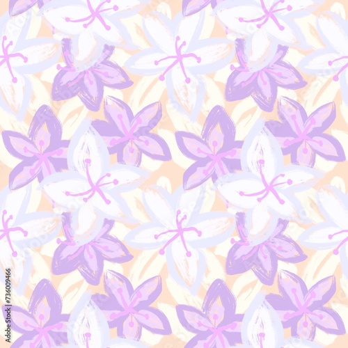 Hand drawn seamless pattern with blue light pastel purple flower floral elements  ditsy summer spring botanical nature print  bloom blossom stylized petals. Retro vintage fabric design  cute nature.